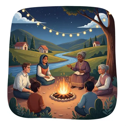 Multicultural Folklore Gathering Under Starry Night Sky