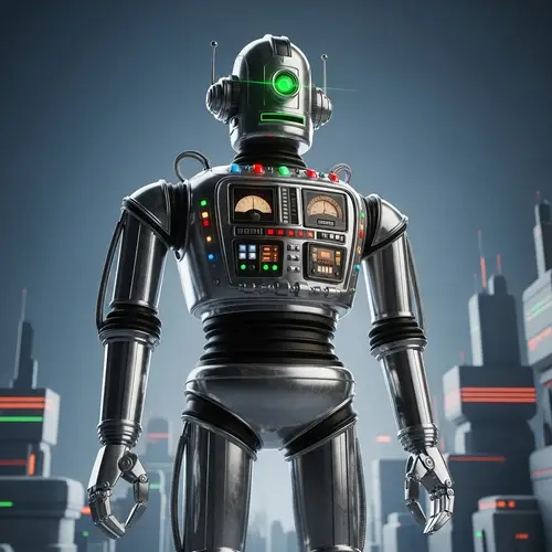 Gleaming Silver Robot with Retro Sci-Fi Aesthetic