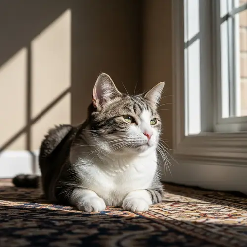 Medium-Sized Domestic Cat Relaxing in Sunlit Room