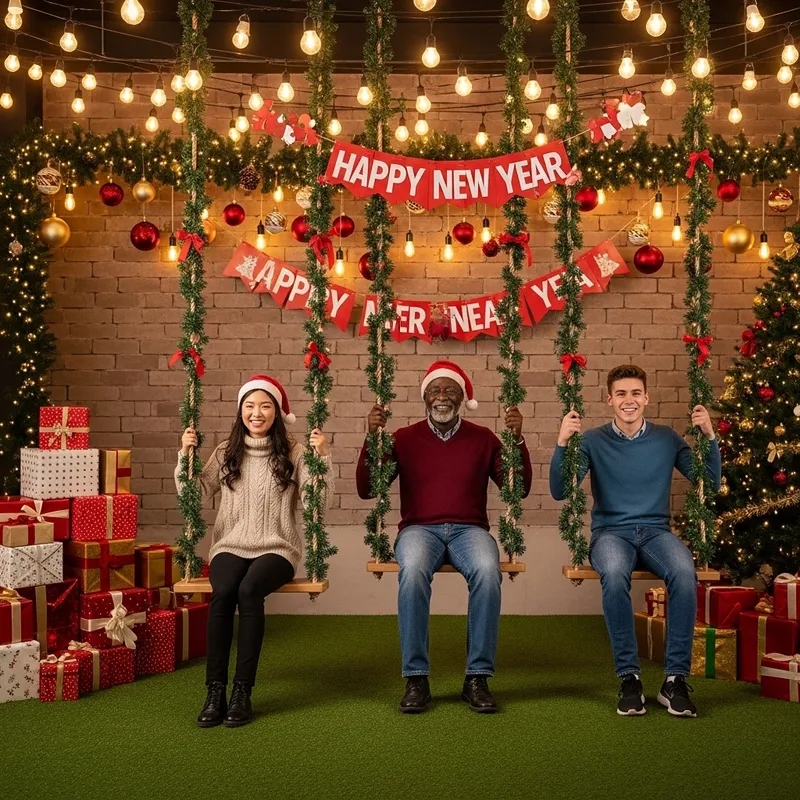 New Year Photo Zone with Swings and Fairy Lights
