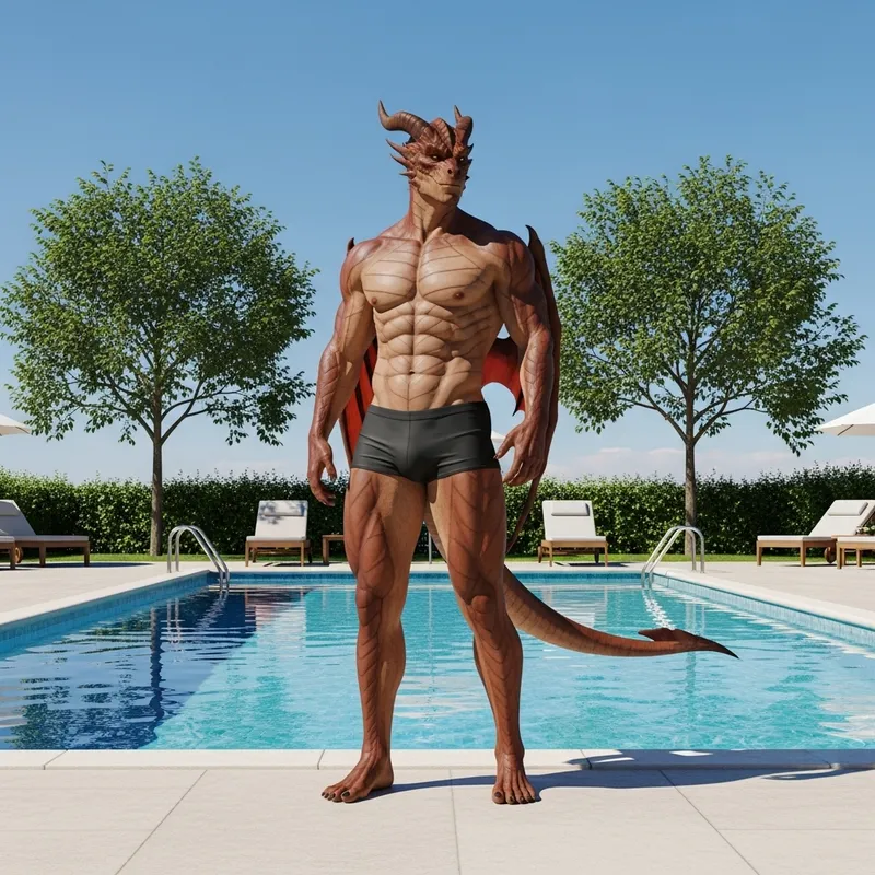 Male Dragon Demi-Human in Swimming Trunks with Impressive Physique Male Dragon Demi-Human in Swimming Trunks with Impressive Physique