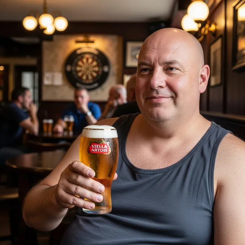 Overweight British Bald Man Enjoying Pint of Stella Artois Beer at Pub