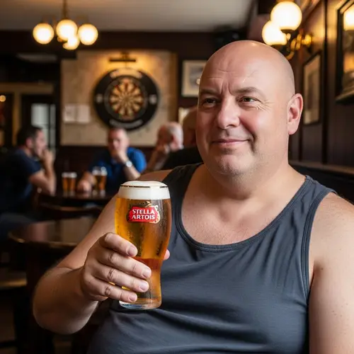 Casual British Bald Man Enjoying Stella Artois Beer | Pub Scene
