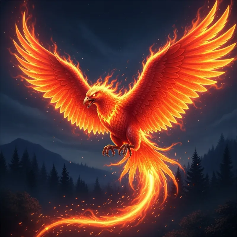 Majestic Phoenix Soaring in Fiery Night Sky