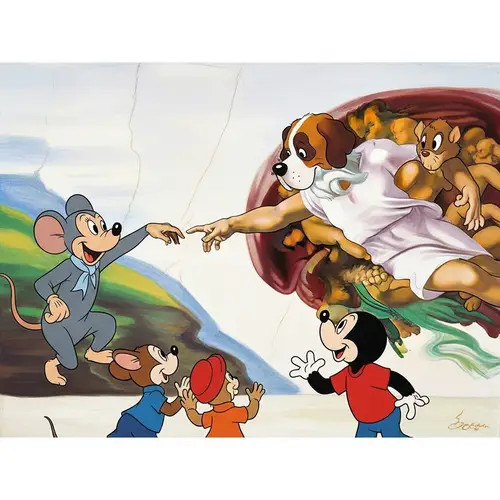 Whimsical Cartoon Characters Reenacting God and Adam Scene