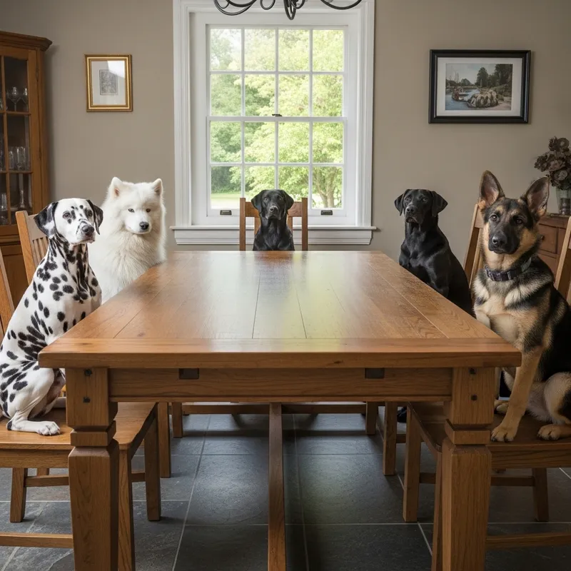 Cozy Wooden Dining Table with Diverse Mix of Dogs