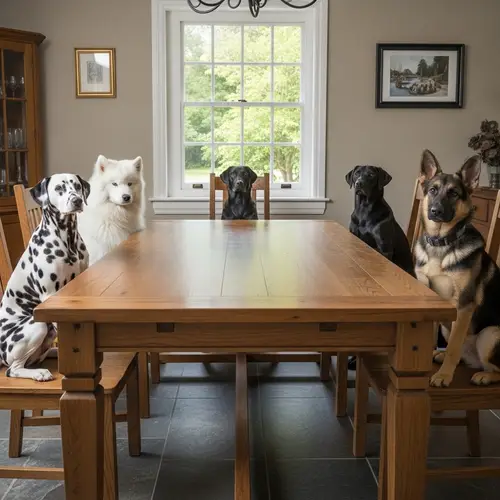 Wooden Dining Table with Diverse Mix of Dogs