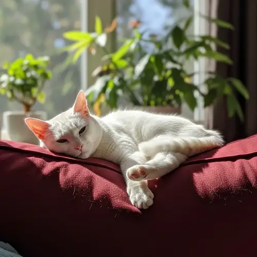 Fluffy White Cat Relaxing on Burgundy Sofa | Cozy Home Scene