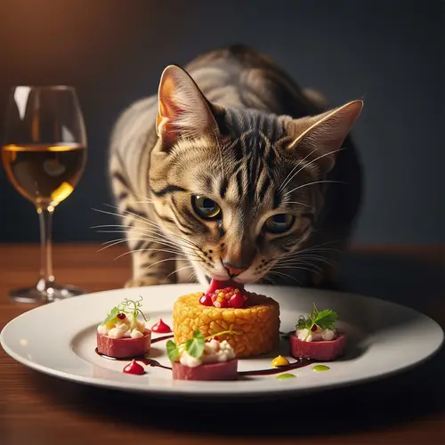 Playful Feline Savoring Upscale Culinary Delights