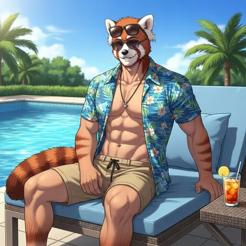 Male Red Panda Demi-Human by Pool in Casual Summer Outfit