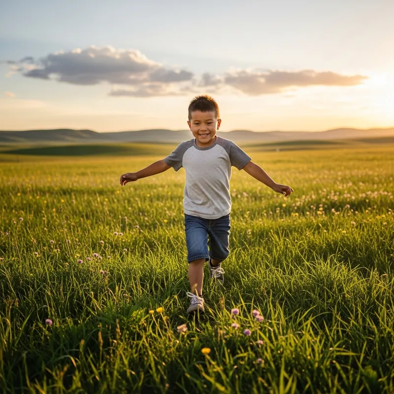 Native American Boy Running in Green Fields