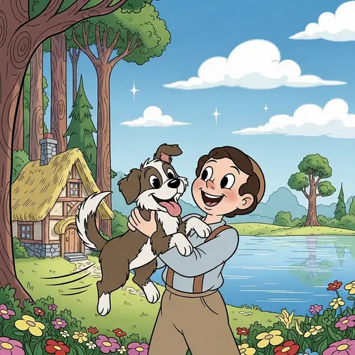 Charming Animated Scene: Person with Dog in Fairytale Setting