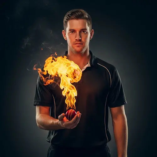 Athletic Cricket Player with Intense Look Holding Fire Ball