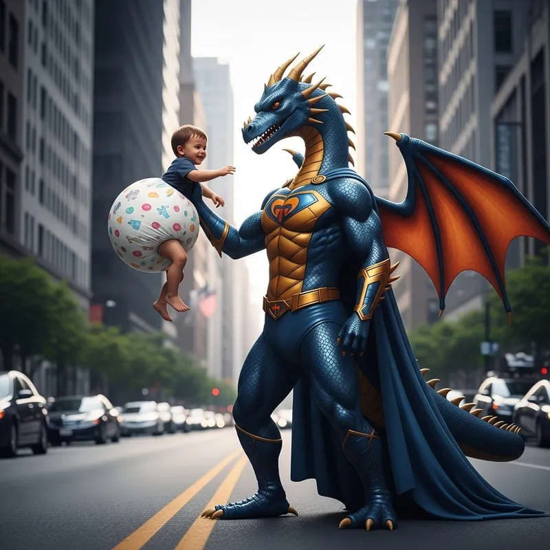Mythical Dragon Superhero and Joyful Child | City Street Delight Mythical Dragon Superhero and Joyful Child | City Street Delight