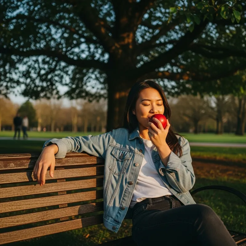 Woman Enjoying Fresh Apple Outdoors
