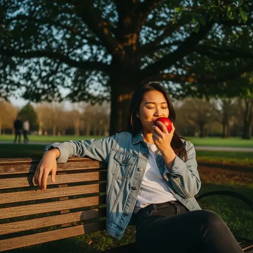 Asian Female Enjoying a Ripe Red Apple in a Tranquil Park Setting