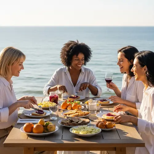 Serene Scene of Diverse Women Enjoying a Meal by the Sea