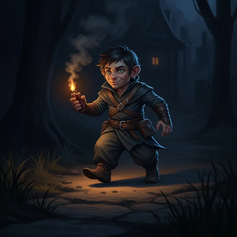 Nighttime Halfling Thief with Smoke Bomb - Stealthy Fantasy Art Nighttime Halfling Thief with Smoke Bomb - Stealthy Fantasy Art