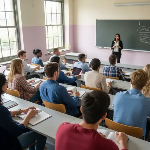 Diverse University Classroom Scene with Engaged Students and Prof, Lecture Session