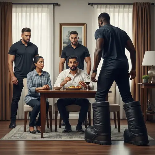 Cultural Diversity Scene: Middle-Eastern Man Enjoying Meal Surprised by Unexpected Black Man