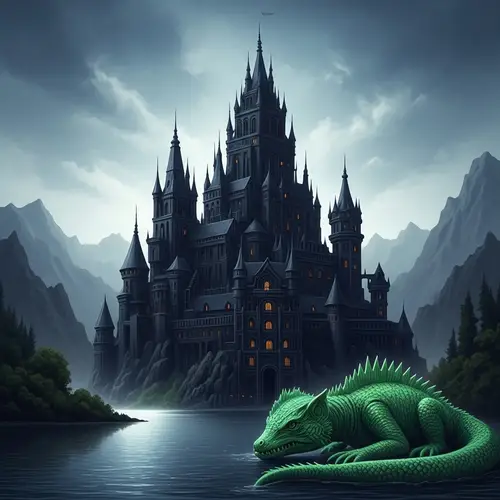 Imposing Black Castle Surrounded by a Lake