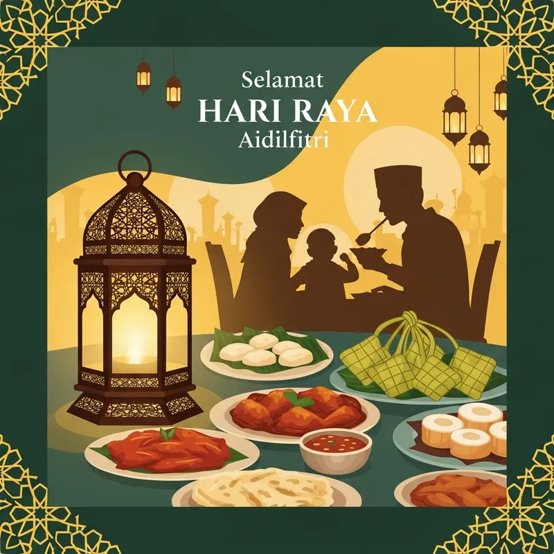 Cosy Hari Raya Greeting Poster with Glowing Lantern & Family Silhouette