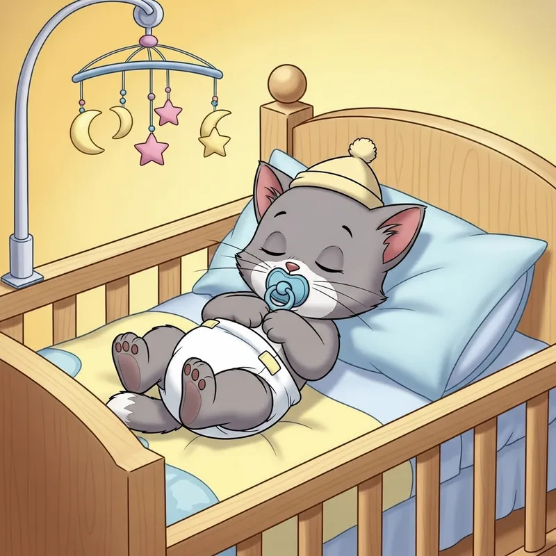 Sleeping Baby Kitten in Crib with Pacifier & Hat