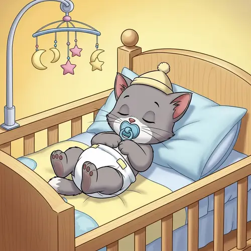 Sleeping Baby Kitten in Crib with Pacifier & Hat