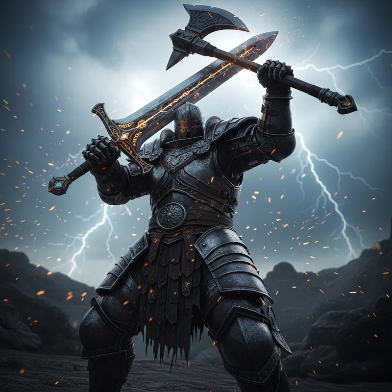 Heavy Armored Warrior with Sword and Axe