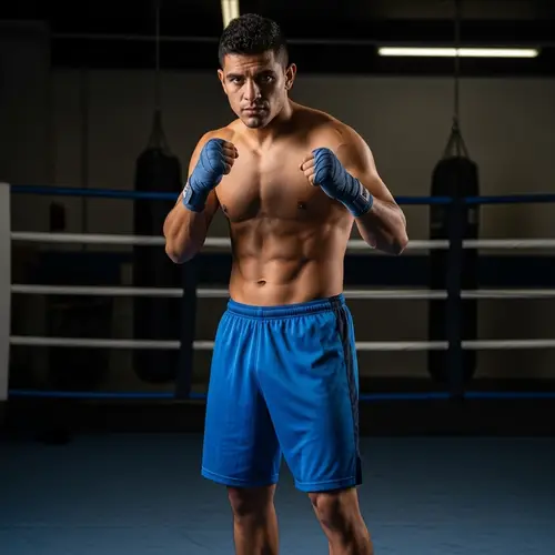 Muscular Dark-Haired Hispanic Man in Blue Shorts