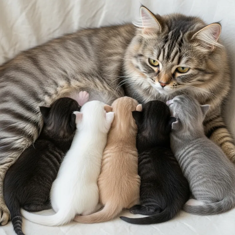 Tender Scene of British Long Hair Kittens Nursed by Multi-color Mother Cat