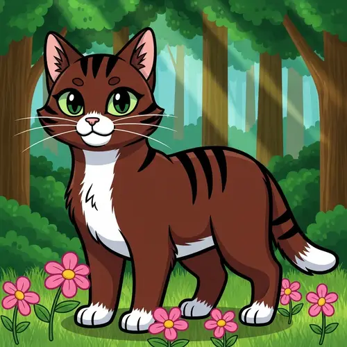Cartoonish Brown Cat in Lush Forest Setting