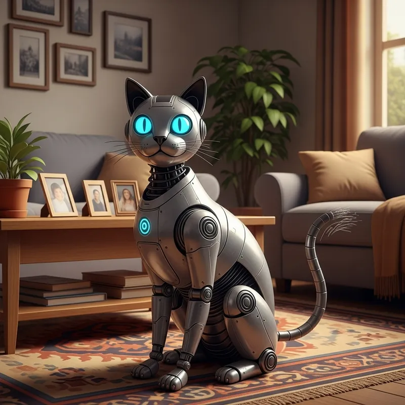 Futuristic Robot Cat in Living Room Scene