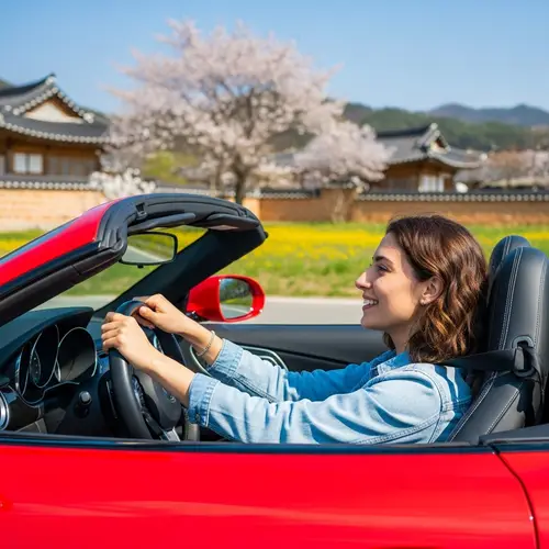 Hispanic Girl Riding Luxury Sports Car in South Korea Countryside