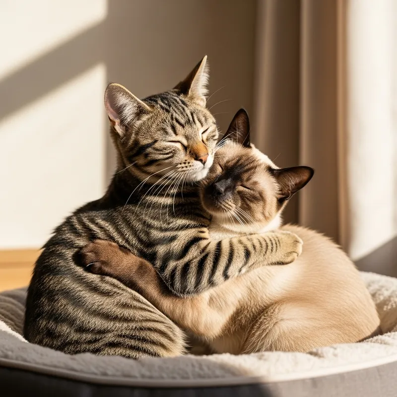 Tabby Cat and Siamese Cat in a Heartwarming Embrace