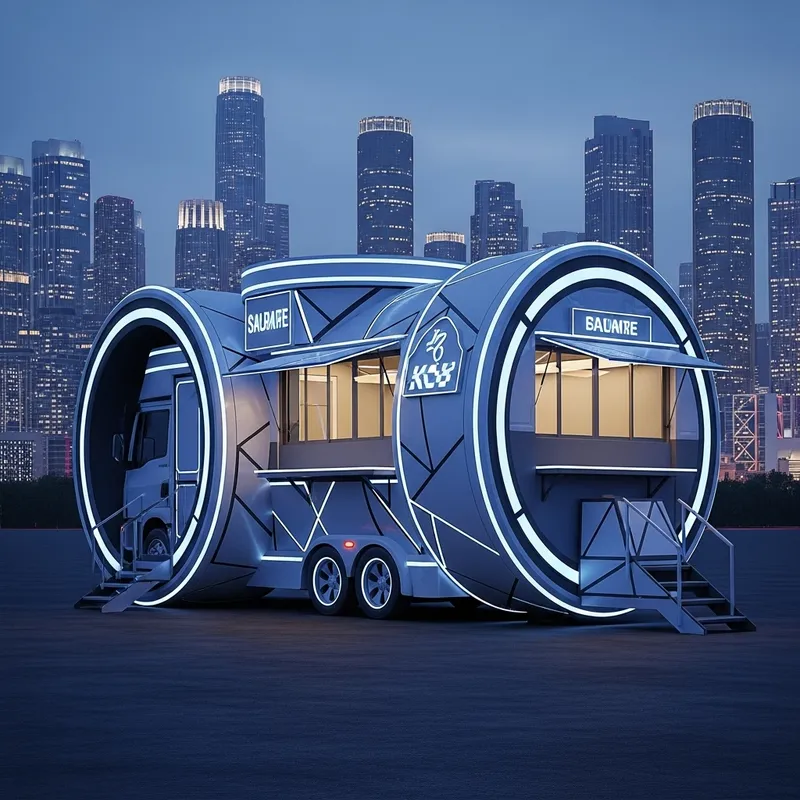 Ultra-Modern Circular Food Truck in Futuristic Urban Landscape Ultra-Modern Circular Food Truck in Futuristic Urban Landscape