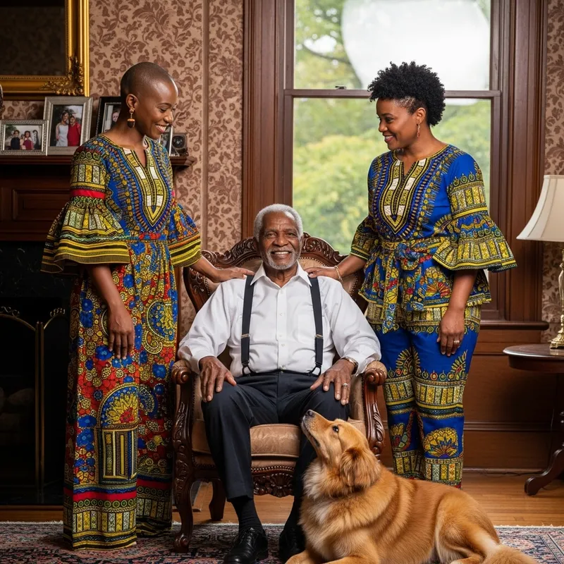 Two Black Women in Outfits with Senior Man and Dog