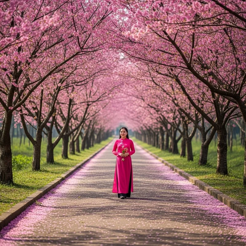 Vietnamese Woman Walking Amid Cherry Blossom Path Vietnamese Woman Walking Amid Cherry Blossom Path