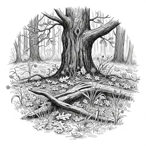 Intricate Ink Drawing of Autumn Oak Grove | Ivan Shishkin Style