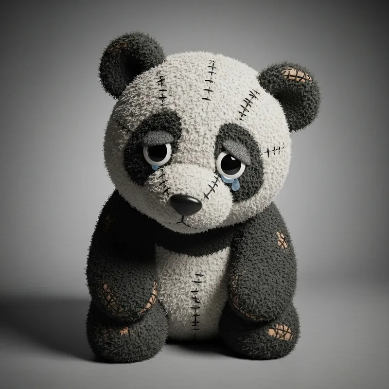 Sad Plush Panda with Uneven Look on Gray Background