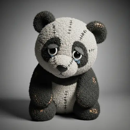 Sad Plush Panda with Uneven Look - Gray Background