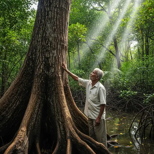 Elderly Man Touching Majestic Mangrove Tree | Nature Wonder