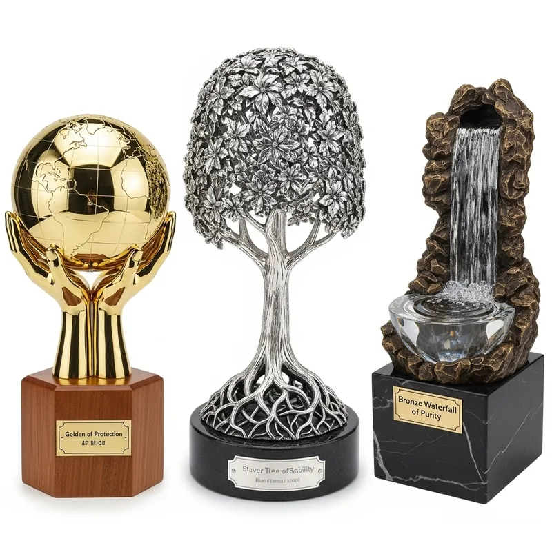 Eco-Friendly Trophy Designs: Globe, Tree, Waterfall