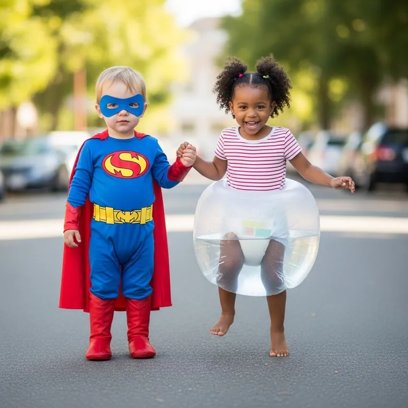 Caucasian Toddler Super Hero & Joyful Black Teen Scene