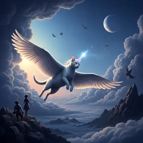 Whimsical Unicat: Fantasy Creature Soaring Across Twilight Sky