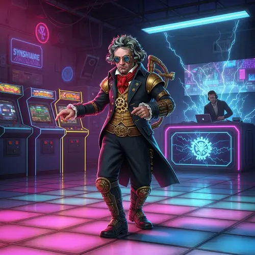 Steampunk Synthwave Composer | Neon Dancefloor Scene