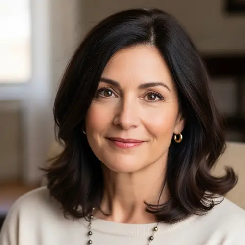 Beautiful Woman in Her 50s with Dark Brown Hair and Brown Eyes