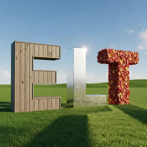 Wood 'E', Silver 'L', Leaf 'T' on Grass Field