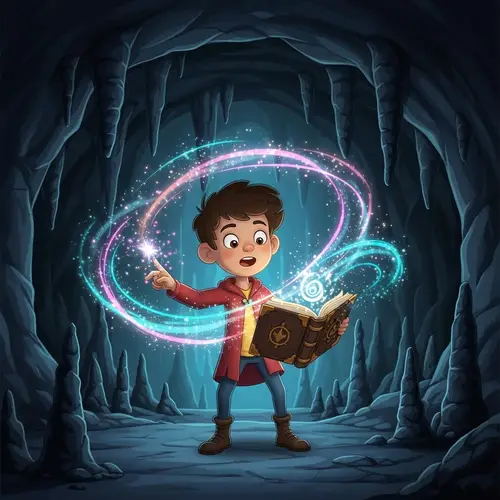 Boy Casting Magic in a Whimsical Cave