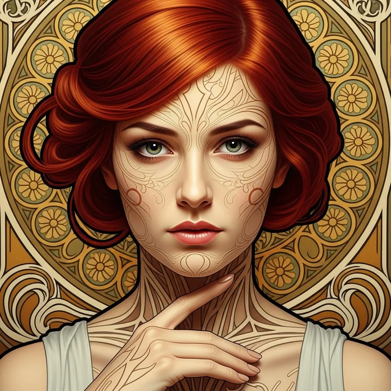 Captivating Woman with Vibrant Red Hair in Art Nouveau Style Captivating Woman with Vibrant Red Hair in Art Nouveau Style